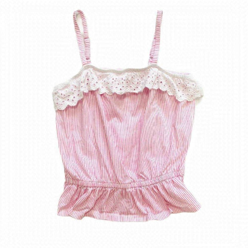 pink Stripped Lace Trim Spaghetti Strap Tank Top